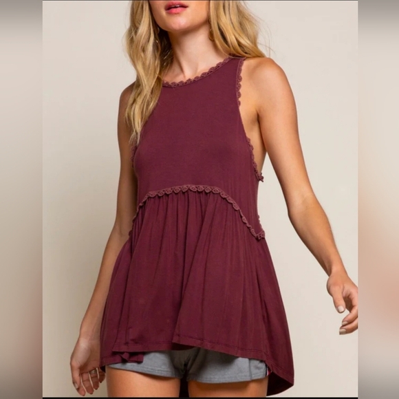 POL Mineral Washed Burgundy Babydoll Ruffled High-low Top - Picture 1 of 14